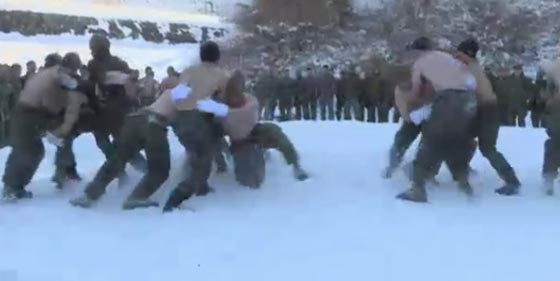 جنود البحرييتين الأميركية والكورية الجنوبية بصدور  منزوعةعلى الجليد صورة رقم 1