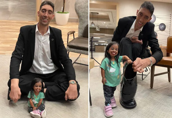 فيديو لأطول رجل بالعالم يمازح أقصر امرأة على الإطلاق.. بحجم يده صورة رقم 1 فيديو لأطول رجل بالعالم يمازح أقصر امرأة على الإطلاق.. بحجم يده صورة رقم 1