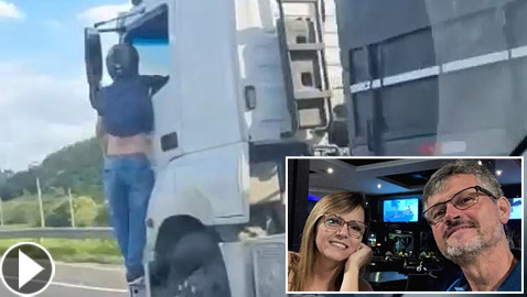 رجل شجاع يخاطر بحياته للحاق بقاتل زوجته.. تسلق شاحنة المجرم! فيديو