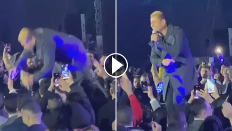 بالفيديو.. عمرو دياب يسقط بشكل مفاجئ على المسرح