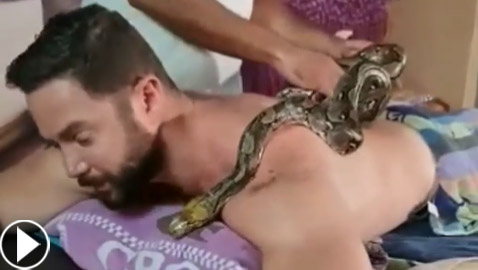 فنان شهير يخضع لمساج الثعابين والنار! شاهد الخوف يتملكه والثعبان الضخم على ظهره! فيديو