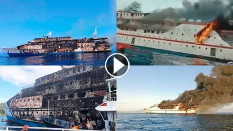 ألقوا بأنفسهم في المياه للنجاة بحياتهم! فيديو لنيران تلتهم سفينة ركاب إندونيسية بينهم أطفال