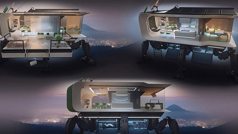 منزل متنقل مستقبلي بأرجل ميكانيكية لاجتياز التضاريس الصعبة