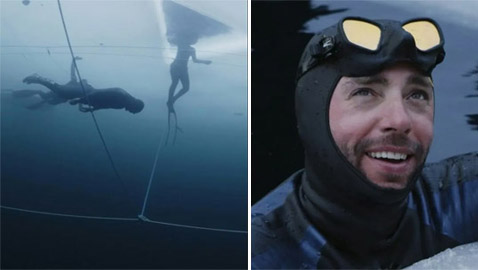 غواص فرنسي يحطم رقما قياسيا بالسباحة تحت الجليد بنفسٍ واحد! صور