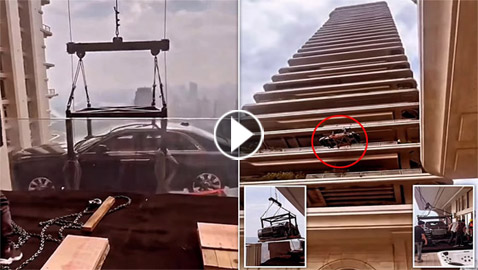 فيديو وصور: ملياردير صيني يضع سيارته في شرفة شقته بالطابق 44