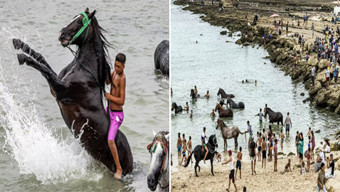 بالصور: فرسان الفنتازيا المغربية في مياه المحيط الأطلسي