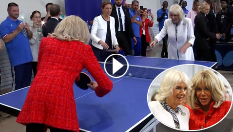 فيديو: مباراة بينغ بونغ بين ملكة بريطانيا كاميلا وزوجة الرئيس الفرنسي