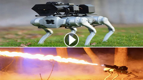 أول كلب آلي في العالم يحمل قاذفا للهب على ظهره.. فيديو وصور