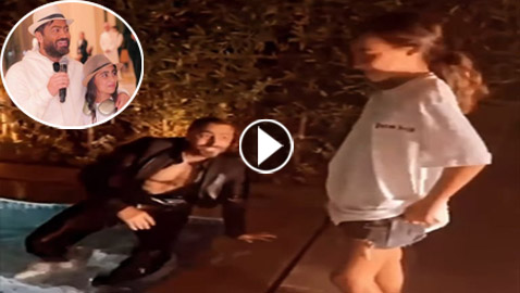 تاليا ابنة تامر حسني تدفعه فيسقط في حمام السباحة بالبدلة! فيديو طريف