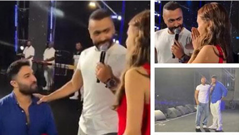 شاب يفاجئ حبيبته في حفل تامر حسني بالجامعة ويتقدم لخطبتها على المسرح