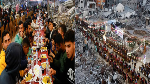 إفطار وسط الركام.. فلسطينيون يحتفلون بأول أيام رمضان بمائدة جماعية