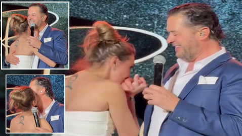 مُعجبة تُعانق راغب علامة على المسرح وتُقبل وجهه ويده والجمهور يعلَق: الله يعين مرتو!