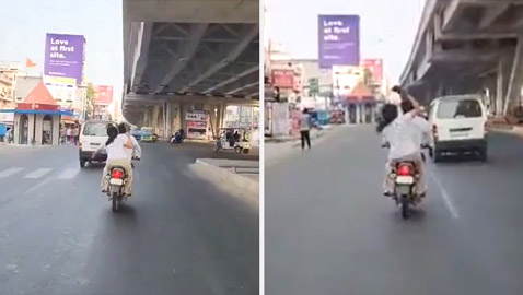 فيديو مثير للجدل.. هندية تضرب زوجها بالحذاء أثناء قيادته دراجة نارية