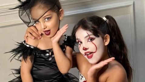 ابنتا دنيا بطمة (غزل وليلى روز) تخطفان الأنظار بملابس تنكرية من اجواء الهالوين