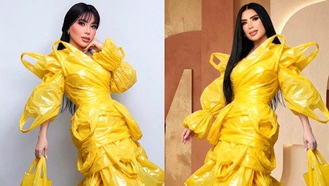 عبير صبري بفستان أصفر من اكياس القمامة البلاستيك تثير سخرية الجمهور: دي لمّت أكياس المطبخ ولبستهم!